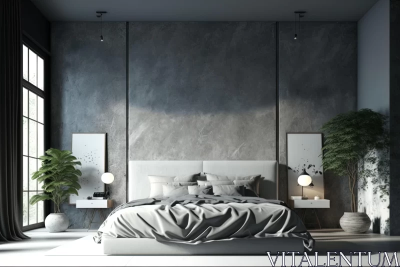 Modern Bedroom in Grey and Black: Concrete Art Style AI Image
