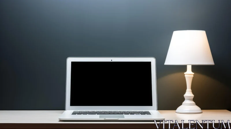 Modern Laptop and White Lamp on Wooden Table AI Image