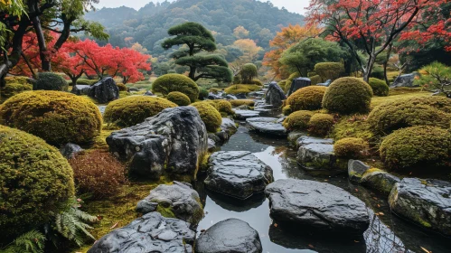 Peaceful Japanese Garden with Stone Path and Blooming Trees