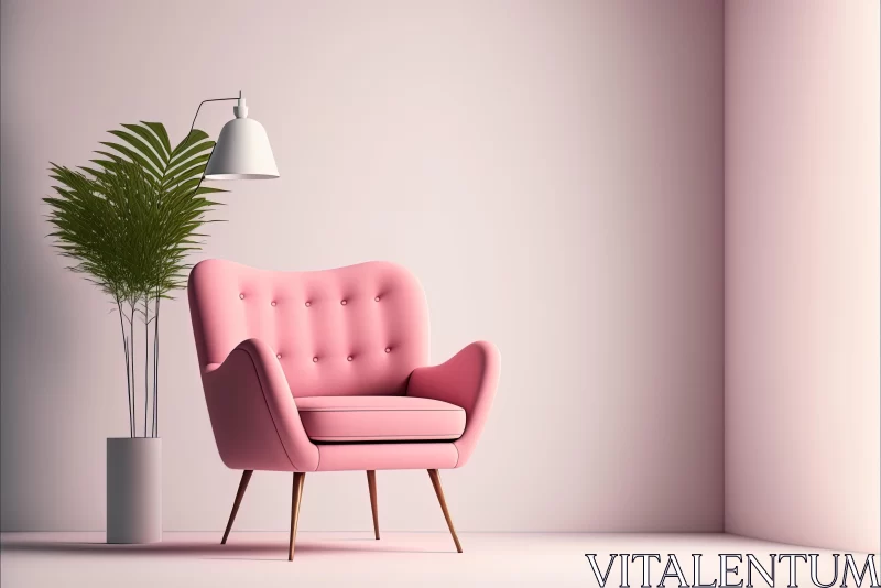 Pink Leather Chair with Potted Plant on White Wall - Retro Feel AI Image