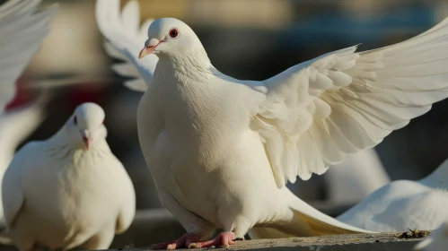 White Pigeon with Spread Wings on Gray Surface