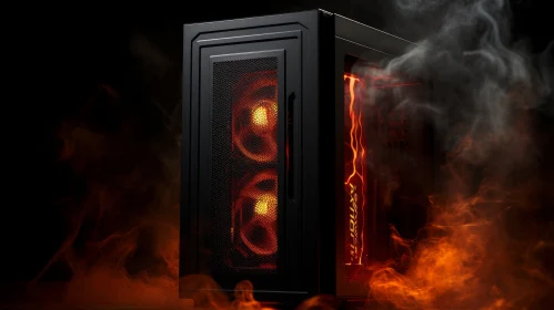 Black Computer Case with Orange Lighting and Metal Design