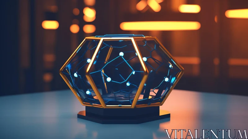 Blue and Gold Geometric 3D Rendering with Orange Light Background AI Image