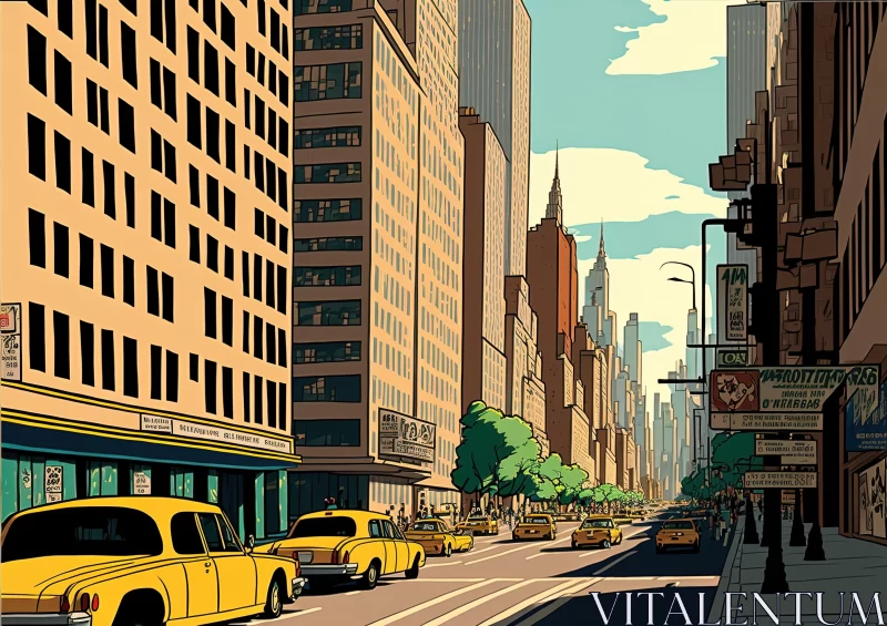 Captivating Cityscape Illustration with Yellow Taxis AI Image
