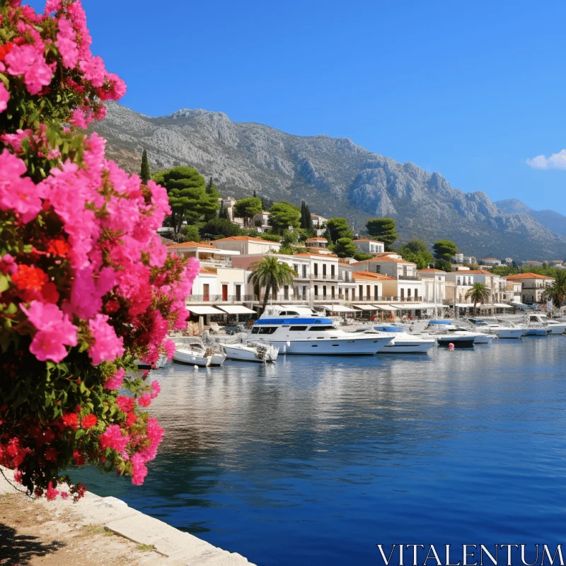 Captivating Mediterranean Landscape: Boats, Nature, and Polka Dots AI Image