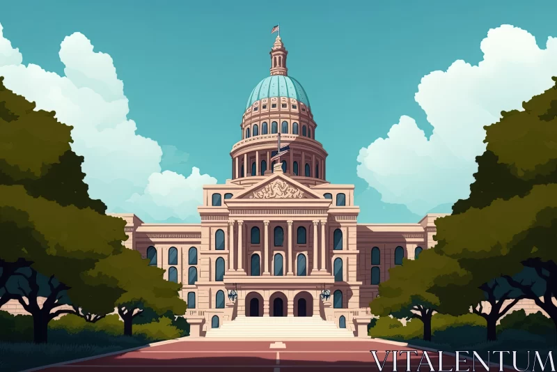 Cartoon Illustration of State Capitol Building with Lush Landscape AI Image