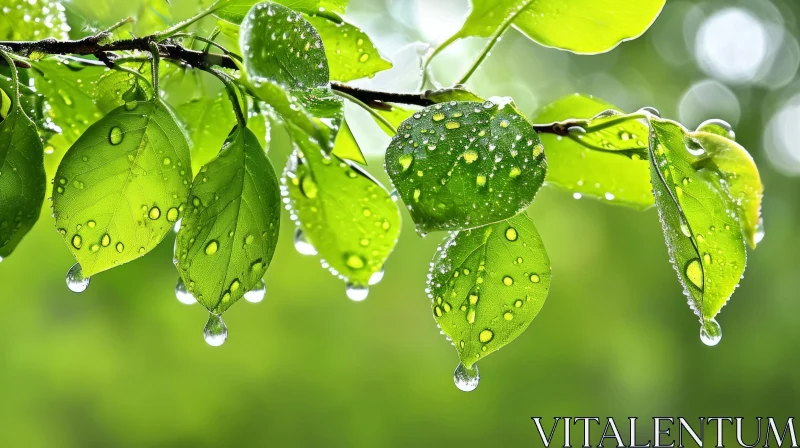 Close-Up View of Wet Green Leaves with Glistening Water Droplets AI Image