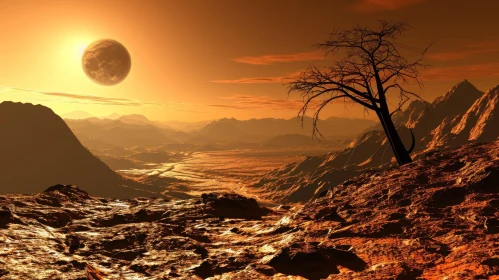 Desolate Post-Apocalyptic Landscape with Orange Moon and Red Sky