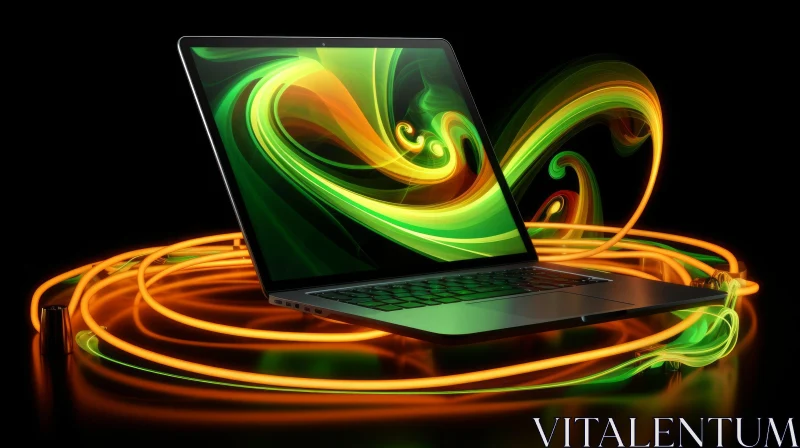 Futuristic 3D Laptop Illustration with Glowing Spiral AI Image