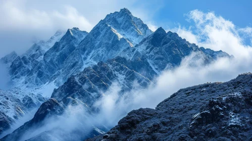 Majestic Snow-Capped Mountain Peak with Swirling Clouds