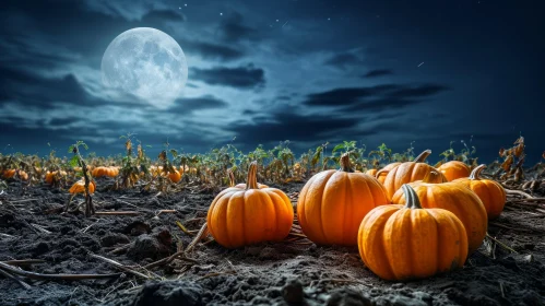 Mysterious Night View of a Pumpkin Field