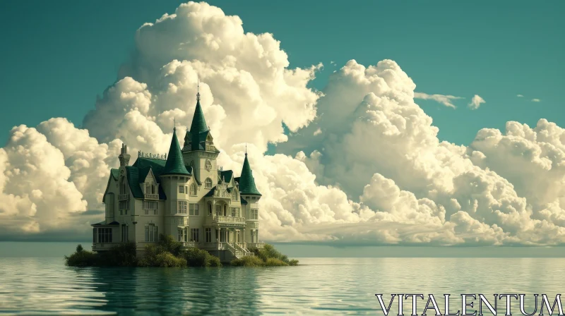 Serene 3D Rendering of Castle on Island in Vast Ocean AI Image