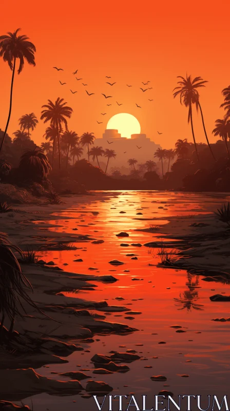 Captivating Sci-fi Landscape: Sun Setting over River with Palm Trees AI Image