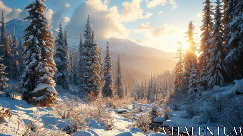 Captivating Winter Landscape with Snow-Covered Trees and Mountains AI Image