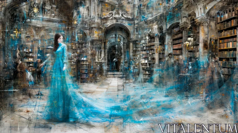 Enchanting Painting of a Woman in a Blue Dress Exploring a Library AI Image