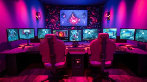 Modern Gaming Room Setup with Computers and Chairs