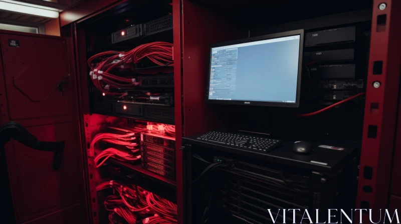 Server Room with Servers, Monitor, Keyboard, and Red Lights AI Image