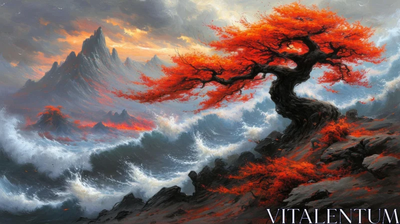 Stunning Landscape Painting with Red Tree on Cliff | Nature Art AI Image