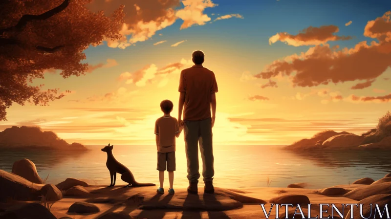 Captivating Sunset Scene: Father and Child in Anime Art Style AI Image