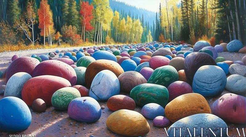 AI ART Colorful Rock Field with Forest Background