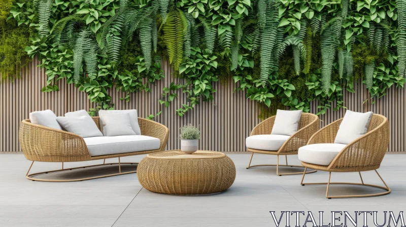 Modern Outdoor Patio with Green Wall and Stylish Furniture AI Image