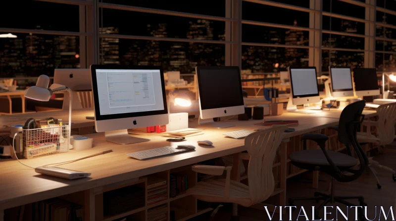 Nighttime Modern Office with iMac Computers and Urban View AI Image