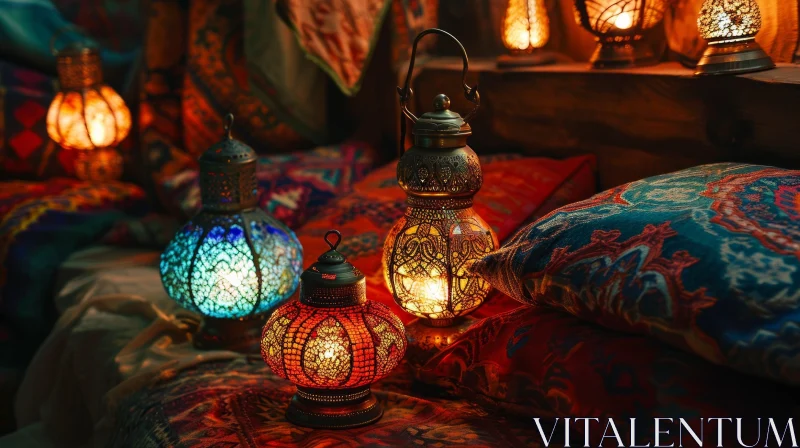 Captivating Moroccan Lanterns on Vibrant Carpet - Artistic Photo AI Image