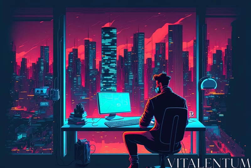Captivating Scifi Illustration of a Man at His Computer Surrounded by a Mesmerizing Cityscape AI Image