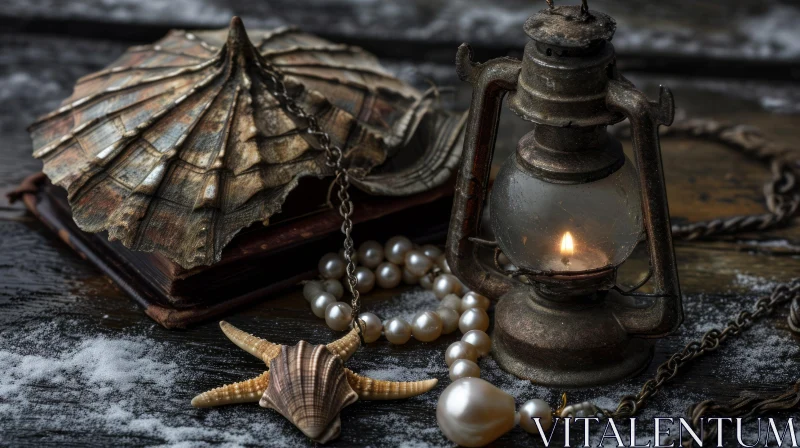 Captivating Still Life Composition: Lantern, Book, Pearl Necklace, Starfish AI Image