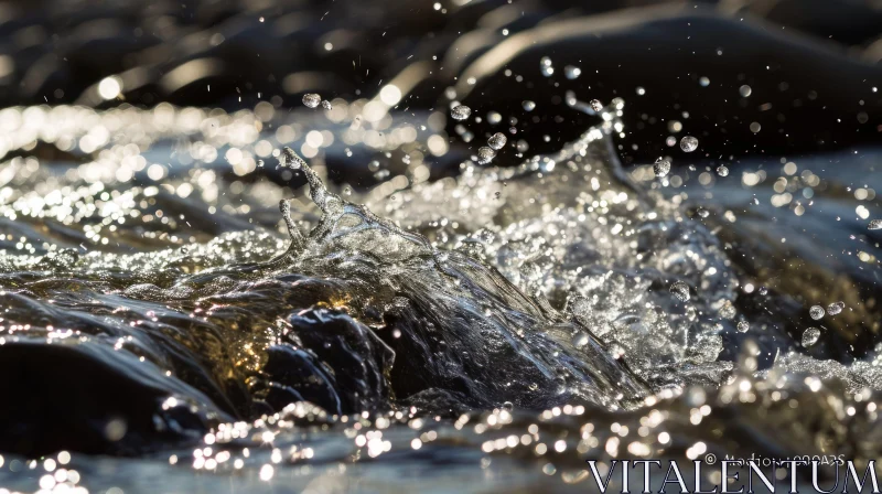 Close-up Perspective of Clear Water with Sun's Reflection and Crashing Waves AI Image