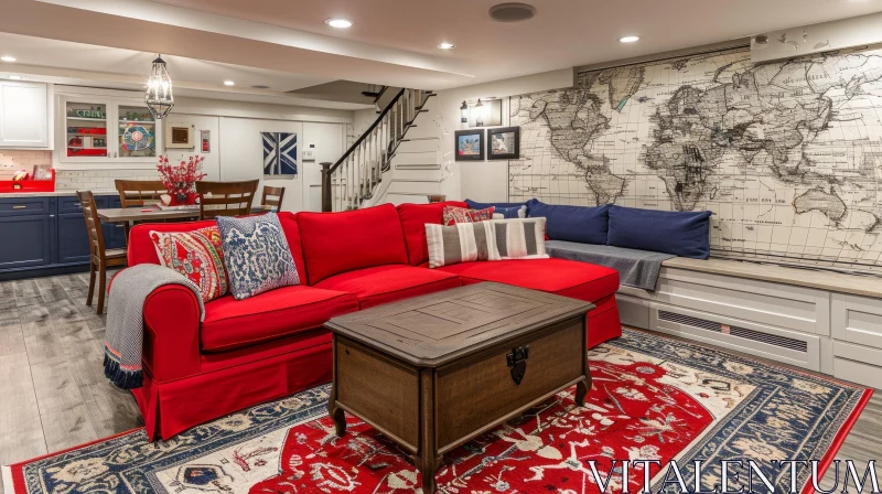 Cozy Basement with Red Sectional Sofa and World Map Mural AI Image