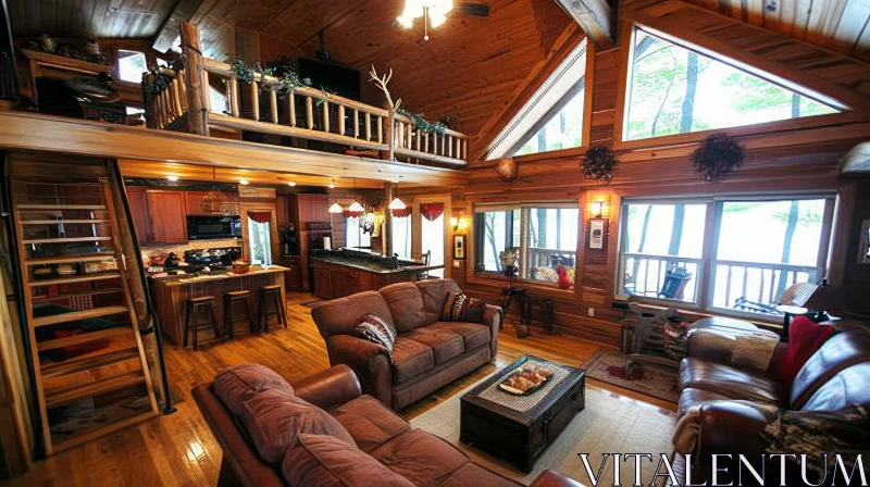 Cozy Living Room in a Log Cabin with Fireplace and Lake View AI Image