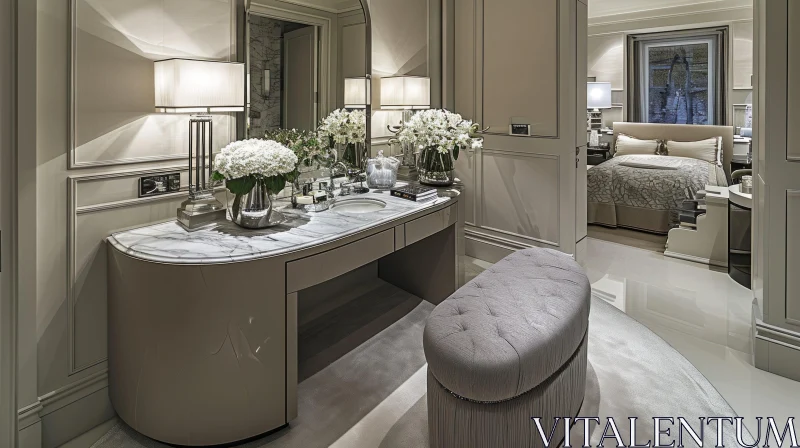 Elegant Dressing Room with Mirror, Vanity, and Ottoman AI Image