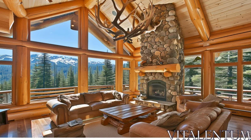 AI ART Luxurious Living Room with Exposed Wooden Beams and Mountain Views