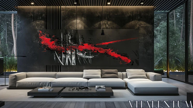 Sophisticated Living Room with Black Wall and Red Painting AI Image