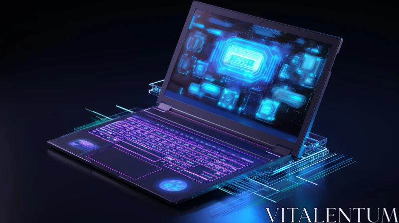 AI ART 3D Rendering of Black Laptop with Blue and Purple Backlit Keyboard