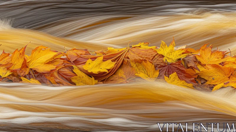 Captivating Autumn Leaves Floating on a Rushing River AI Image