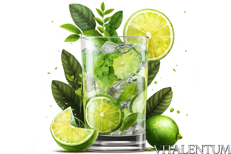 Captivating Glass of Icy Water with Lime Leaves - Hyperrealistic Illustration AI Image