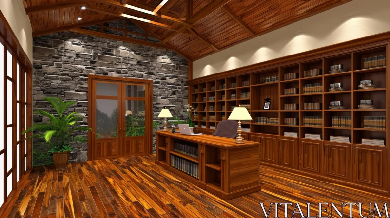 Cozy Home Office with Wooden Desk and Stone Wall AI Image