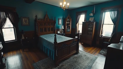 Dark and Gothic Bedroom with Carved Wooden Furniture