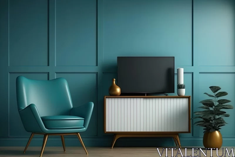 Elegant Green Living Room Furniture and TV on Blue Wall | Midcentury Modern Style AI Image