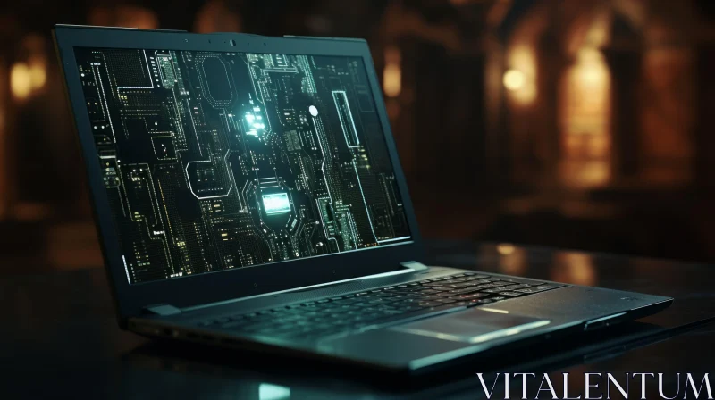 Green Circuit Board Laptop on Dark Table AI Image