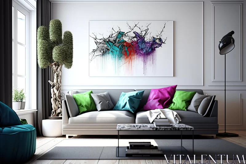 Modern Colorful Wall Art in Living Room - Light Silver and Violet AI Image