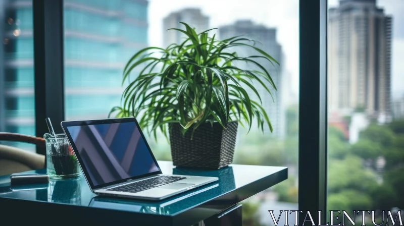 Modern Desk with Laptop and Plant City View Reflection AI Image