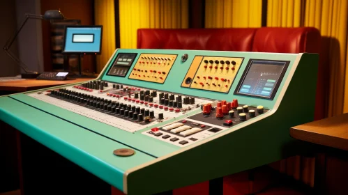 Vintage Green Mixing Console with Buttons and Computer Monitor