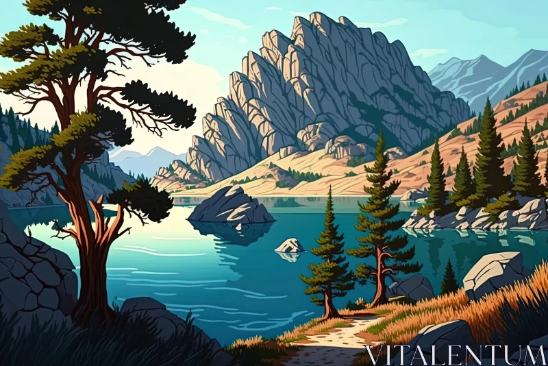 Captivating Mountain Painting with Trees and Lake | Hyper-Detailed Illustration AI Image