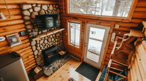 Cozy Living Room in a Log Cabin | Stone Fireplace | Snowy Forest View