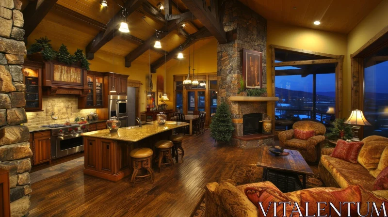 Cozy Living Room with Rustic Kitchen | Warm and Inviting Ambience AI Image