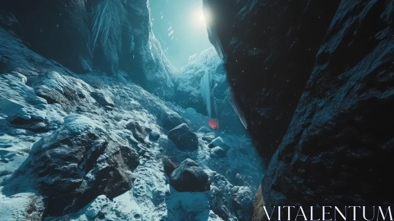 Enchanting 3D Rendering of a Snow-Covered Canyon with a Frozen Waterfall AI Image