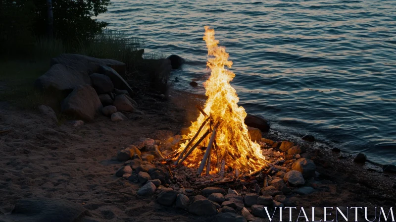 Enchanting Bonfire on a Beach at Night | Fiery Nature's Dance AI Image